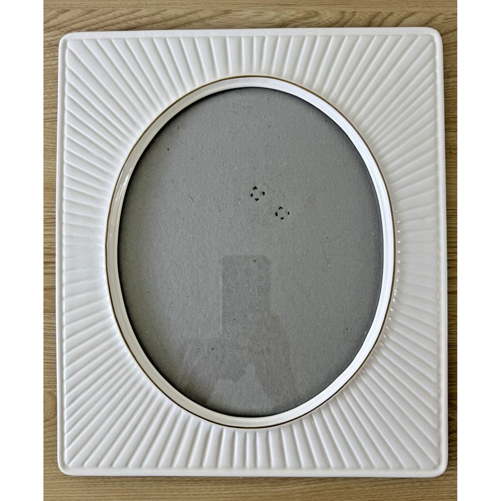 Vintage Burnes of Boston 8x10 White Ceramic Picture Frame Gold Trim Ribbed Desig